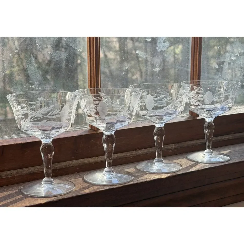 Vintage SET Of 4 Crystal Wheat Glasses 5” 3474-65